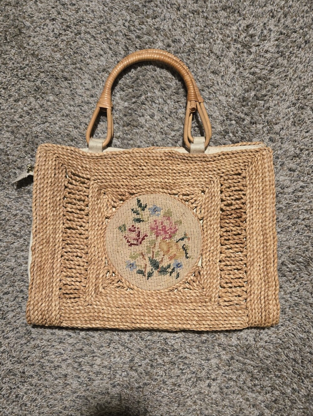 Vintage 1970s Woven Straw Tote Bag with Floral Needlepoint Accent